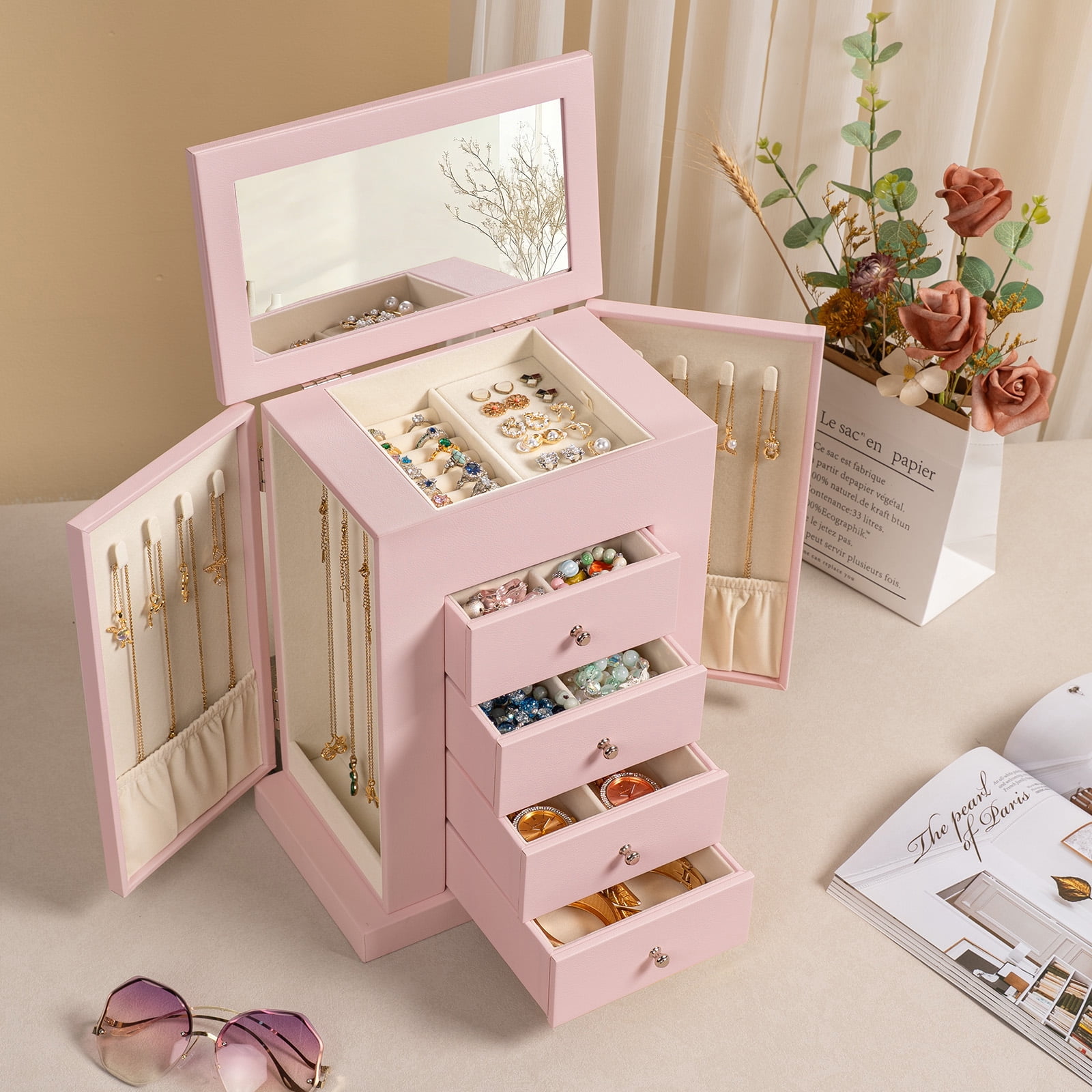 Leather Jewelry Box for Women, 5 Layer Large  Jewelry Organizers Box for Necklaces Earrings Rings Bracelets, Organizer with Drawers and Mirror, Pink
