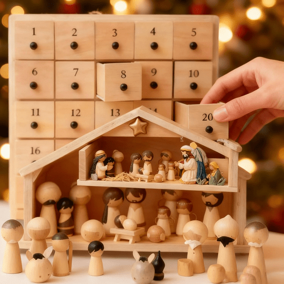 ValHome Wooden Nativity Advent Calendar with 25 Drawers – Handcrafted Mary, Joseph, Jesus, Wise Men & Shepherd Peg Dolls – Montessori Christmas Nativity Scene Decor for Kids & Families