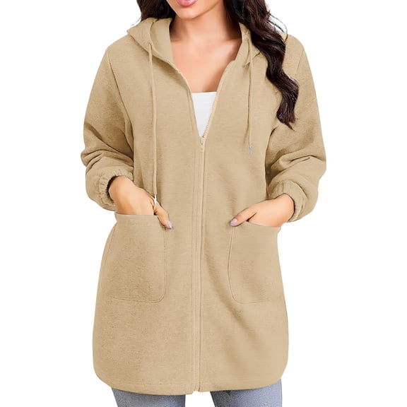 VISALY Women's Fall Full Zip Up Long Sleeve Hooded Sweatshirt Oversized Fleece Casual 2025 Jacket Coat with Pocket Outwear Tunic Sweatshirt Beige L