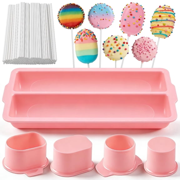 Round Cake Pop Mold Set, Including 2Pcs Circle Cake Pop Cutter, 9 Inch Tray and 100Pcs Lollipop Sticks for Home Desserts Making Accessories, Pink