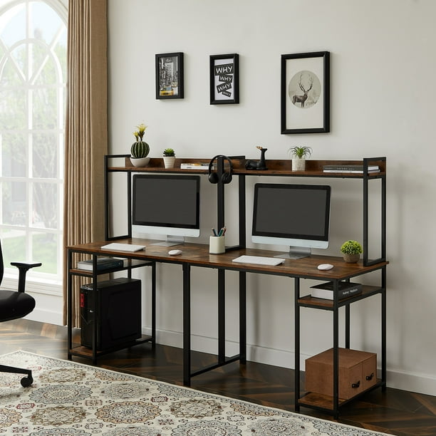 78 Inch Two Person Desk Extra Long Modern Computer With Storage Shelves Double Workstation Office Multifunction Writing Shelf For Home Com 78 Inch Two Person Desk Extra Long, Extra Long Modern Desktop
