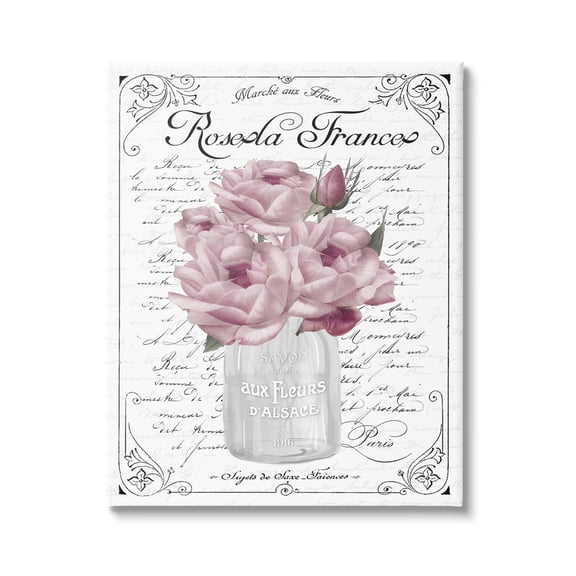 Stupell Industries Pink Roses Bouquet French Words Fancy Script Background Graphic Art Gallery Wrapped Canvas Print Wall Art, Design by Lettered and Lined
