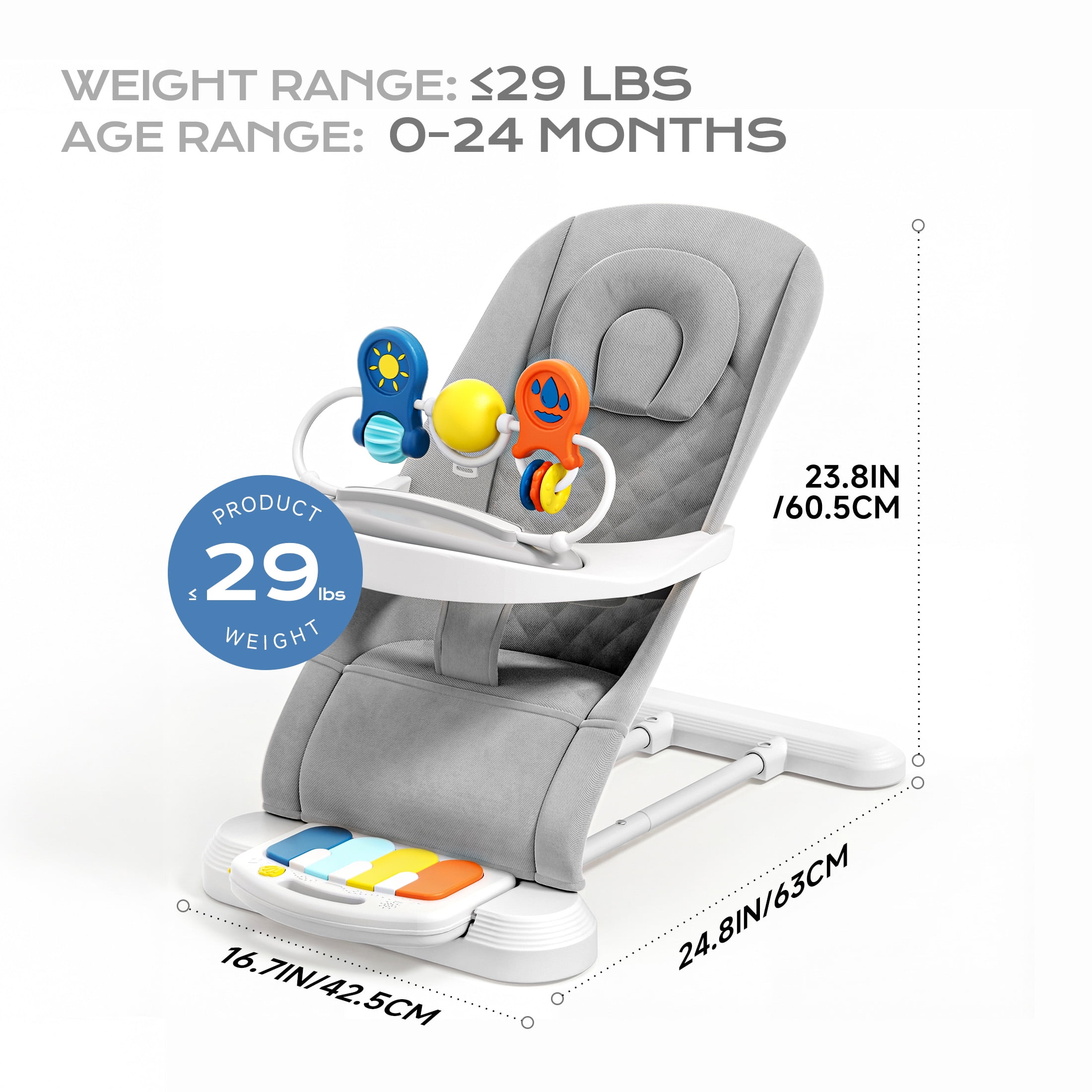 Babyomi 4-1 Baby Bouncer , 3-Level Recline Foldable Rocker for Infant to Toddler 0-6 with Detachable Pianos, Feeding Tray and Play Bar 12-24 Months, Girls and Boys Gift, Gray