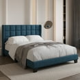 thumbnail image 3 of Sifurni Queen Size Platform Bed Frame with Wingback Fabric Upholstered Square Stitched Headboard and Wooden Slats, Navy Blue, 3 of 7