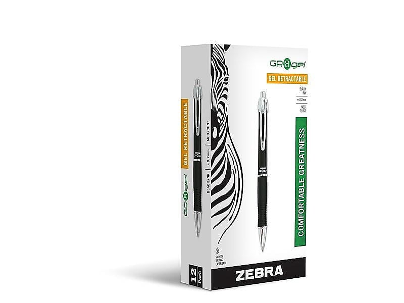 Zebra Pen GR8 Gel Pen, Retractable, Conical, 0.7 mm, Black Ink, 12 Count