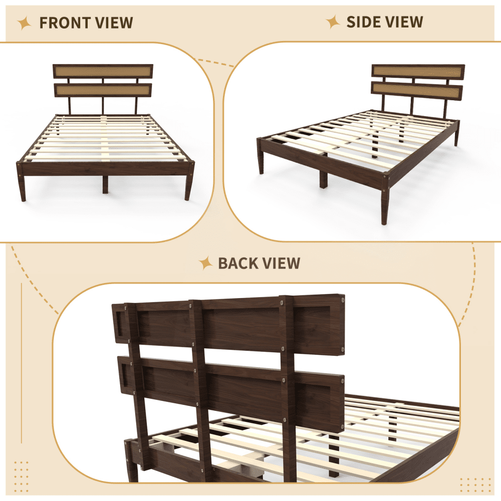 Tcbosik Platform Bed Queen Size, Bed Frame with Rattan & Wood Headboard for Bedroom, Wood Slats Support, Dark Walnut