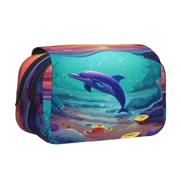 Easygdp Hawaiian Island Dolphin para Estuche de Lápices con Tapa Flip, Suministros de Oficina y Universidad para Adolescentes y Adultos