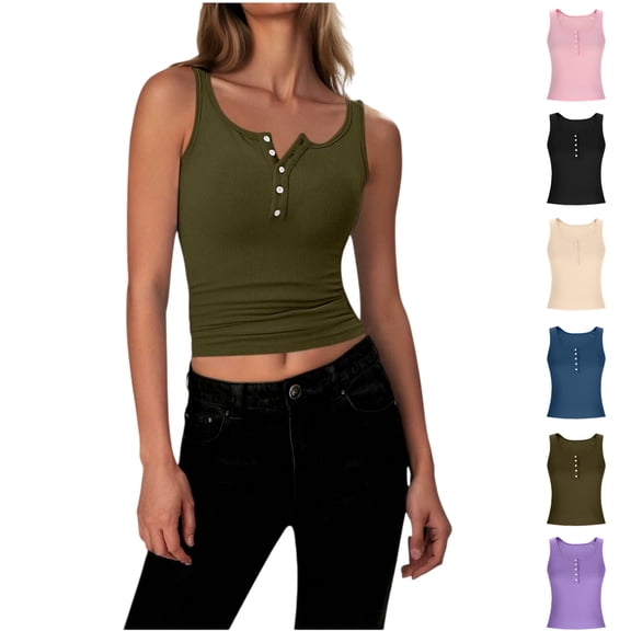 Vibrex Loose Fit Tank Tops for Women,Fashion Women's Casual Sleeveless Solid Button Ladies Top Blouse Pullover,Sleeveless Shirts,Army Green_L