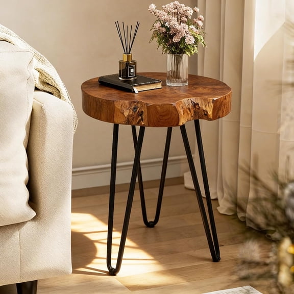 DUHOME Live Edge Solid Wood End Table, Natural Rustic Wooden Side Accent Table with Black Metal Hairpin Legs, Industrial Farmhouse Small Table for Living Room, Bedroom