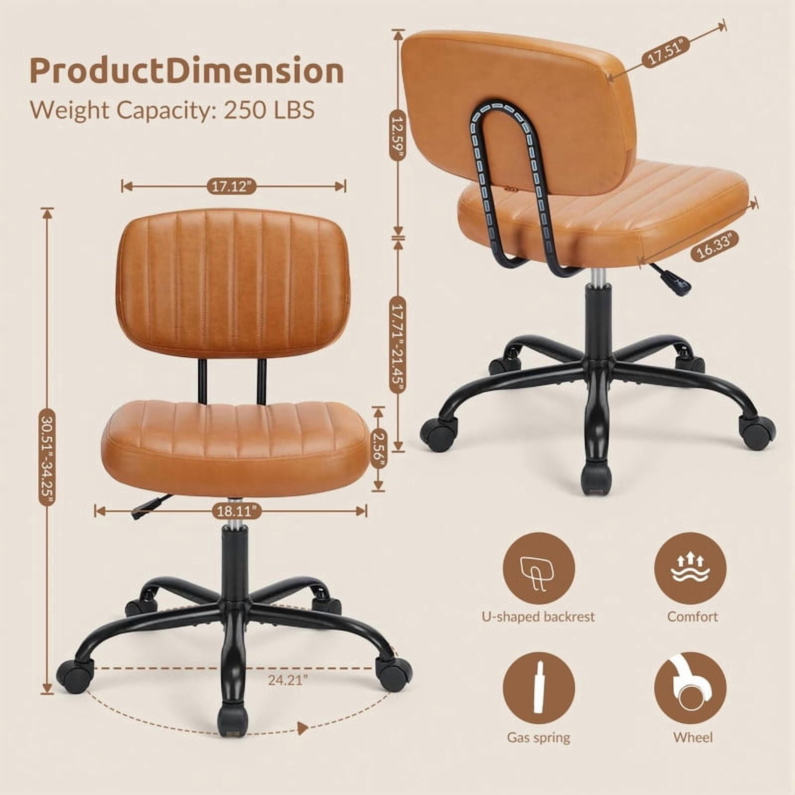 Kelno Armless Desk Chair Height Adjustable Swivel Rolling PU Leather Task Chair with Lumbar Support, Brown