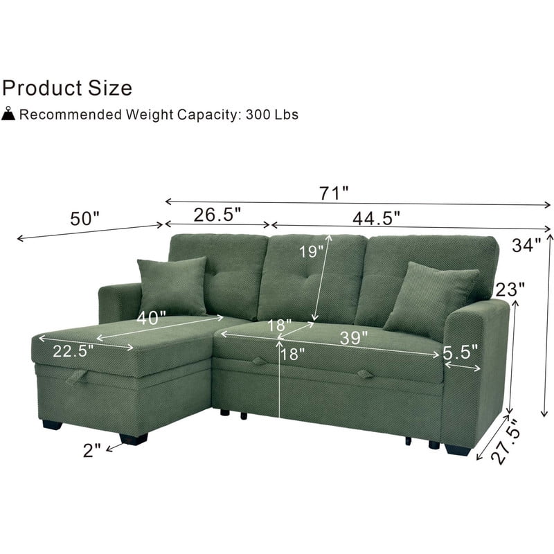 Convertible Sleeper Sectional Sofa with Pull-Out Bed & Reversible Chaise, Loveseat Couch with Hidden Storage for Small Spaces