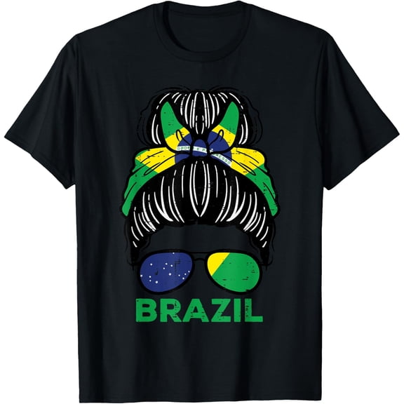 Brazil Flag Brasil Girl Hairbun Football Soccer Fan Women T-Shirt