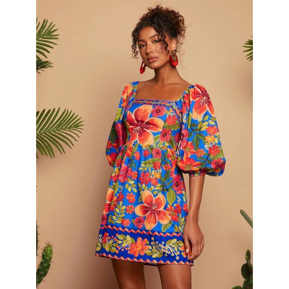Navy Blue Floral Print Square Neck Puff Sleeve Mini Dress For Women
