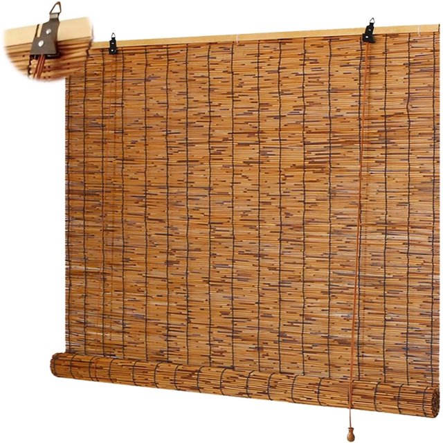 Stores en Bambou Rétro Stores Occultants Extérieurs Stores Romains Intimité Stores Enrouleurs Sans Cordon Rideau Isolé Thermique pour Porche Balcon Jardin (48 Pieds'Lx60 Pieds'H)