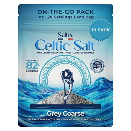 Celtic Grey Coarse Sea Salt On-The-Go 10 Packs Resealable Bag (1 oz ~20 Servings Each) 100% Natural, Unrefined French Sel Gris, 82+ Trace Minerals, Electrolytes, Perfect for Cooking & Finishing
