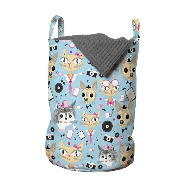 Retro Laundry Bag, Hipster Animals with Bow Tie and Hat Wearing Dog Cat