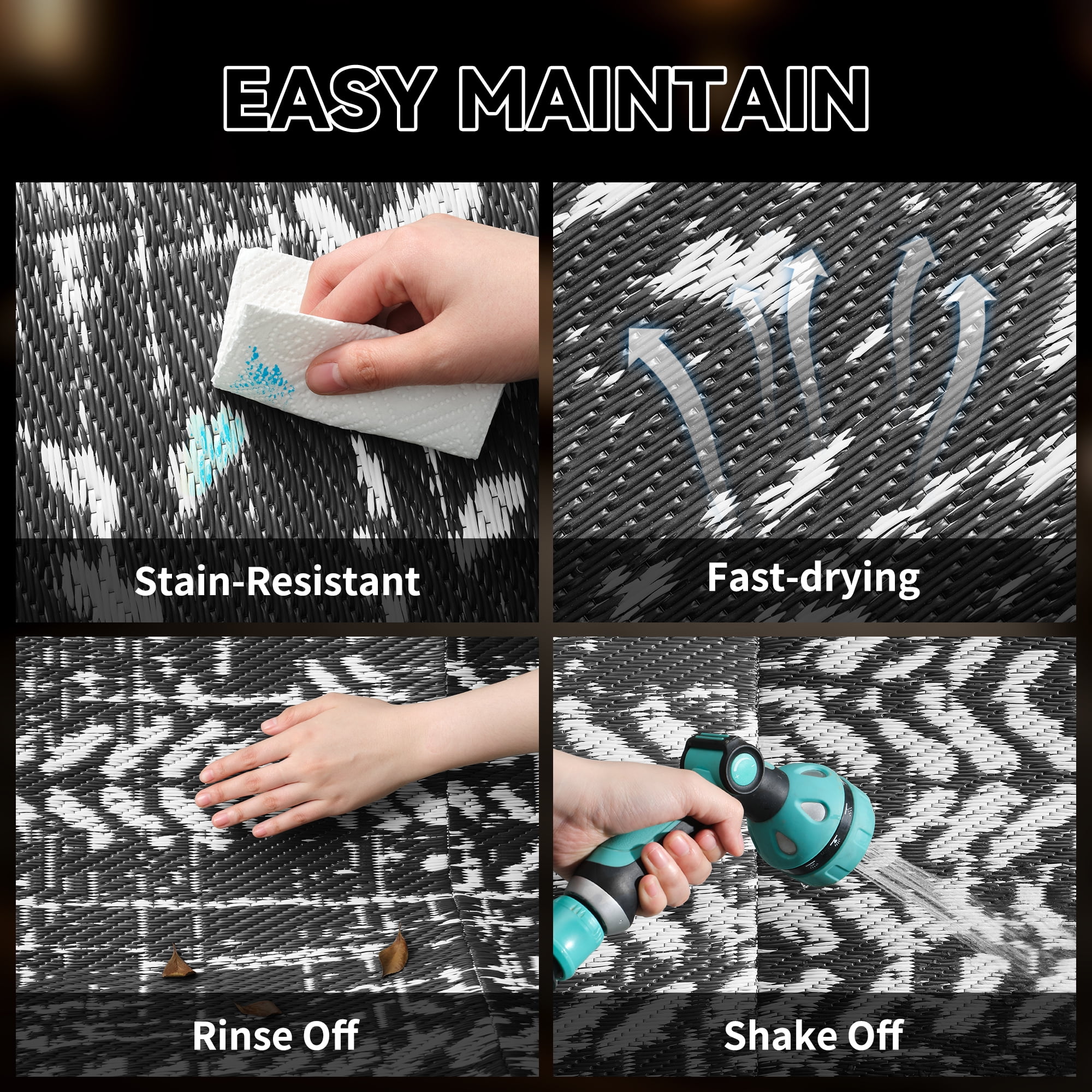 VUNATE Outdoor Rug 9'x12' with Led Light Strips Patio Rug Waterproof Woven Plastic Outdoor Mat for Picnic RV Porch Camping Reversible Outside Rug Black White