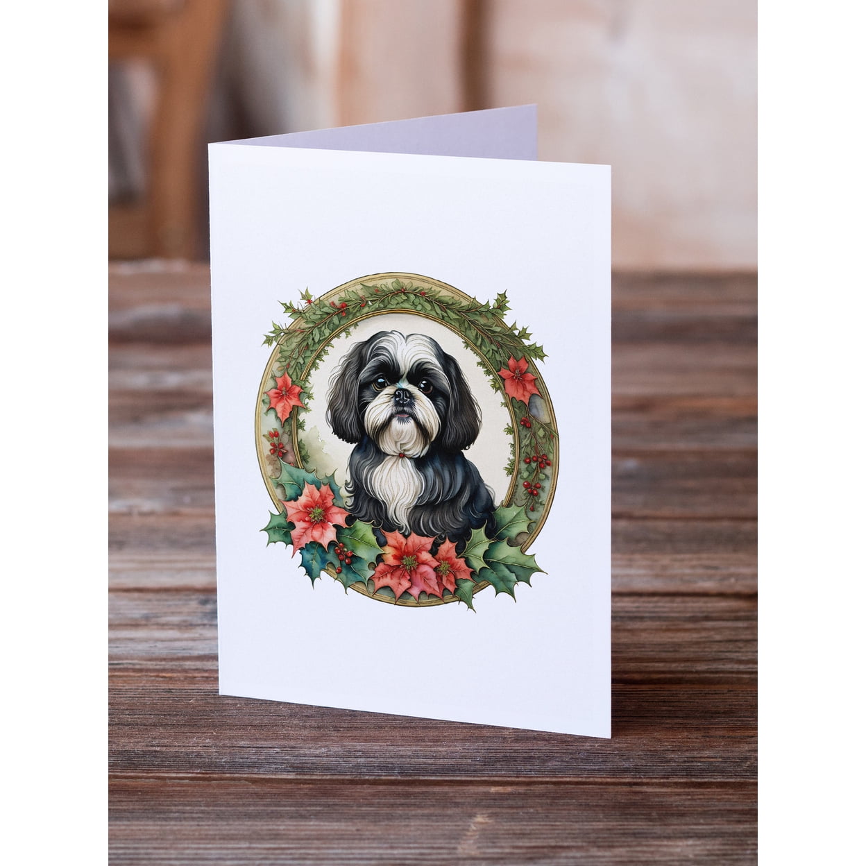 Shih Tzu Christmas Flowers Greeting Cards Pack of 8 7 in x 5 in