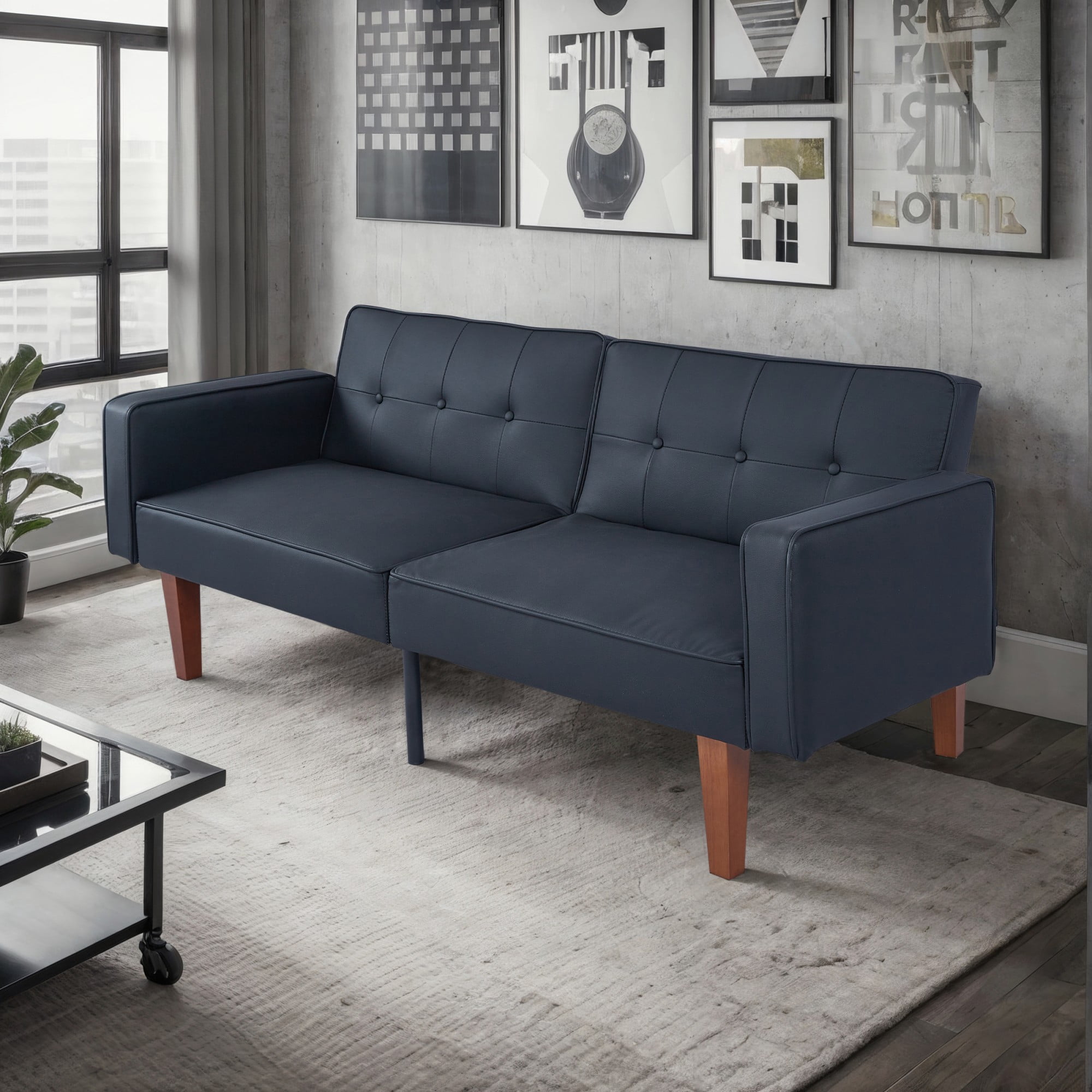 BSHTI 68.11" Futon Convertible Sofa Bed with 3-Position Adjustable Backrest, Button-Tufted Split Back for Living Room/Office（Black Matte）