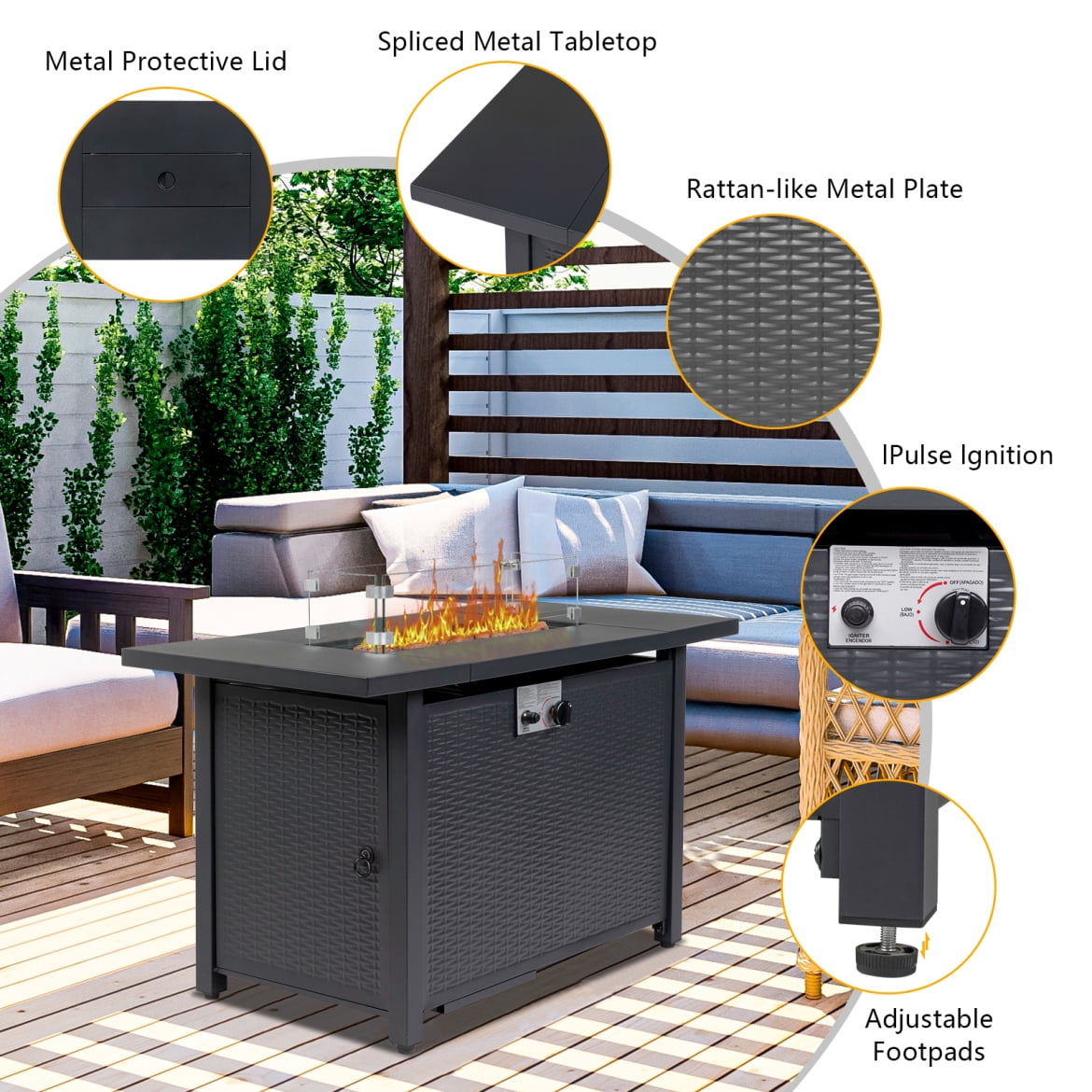 43 Inch Propane Fire Pit Table, 50,000 BTU Steel Propane Firepit with Lid & Pulse Ignition System, Outdoor Gas Fire Pit Table with Lava Rock & Imitation Rattan Weave Texture for Backyard Patio Garden