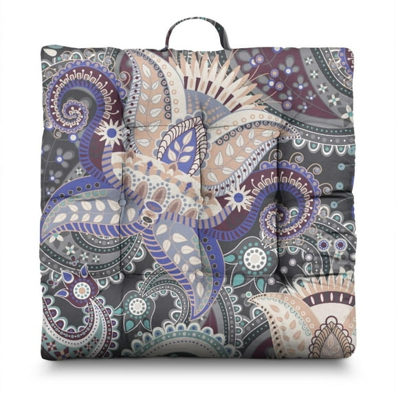 Vintage Paisley Meditation Cushion for Adults - Thick Square Floor Pillow with Boho Ethnic Design, 4.7" Supportive Tatami Mat Seat Pad