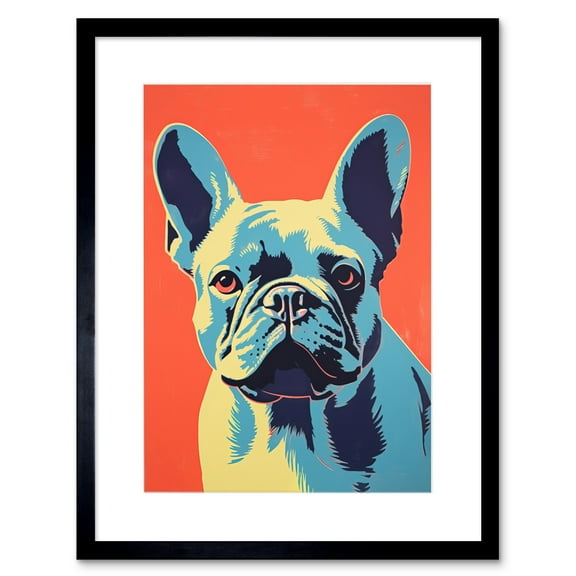 French Bulldog Colour Block Artwork Coral Orange Blue Vibrant Pet Portrait Cute Artwork Framed Wall Art Print 9X7 Inch