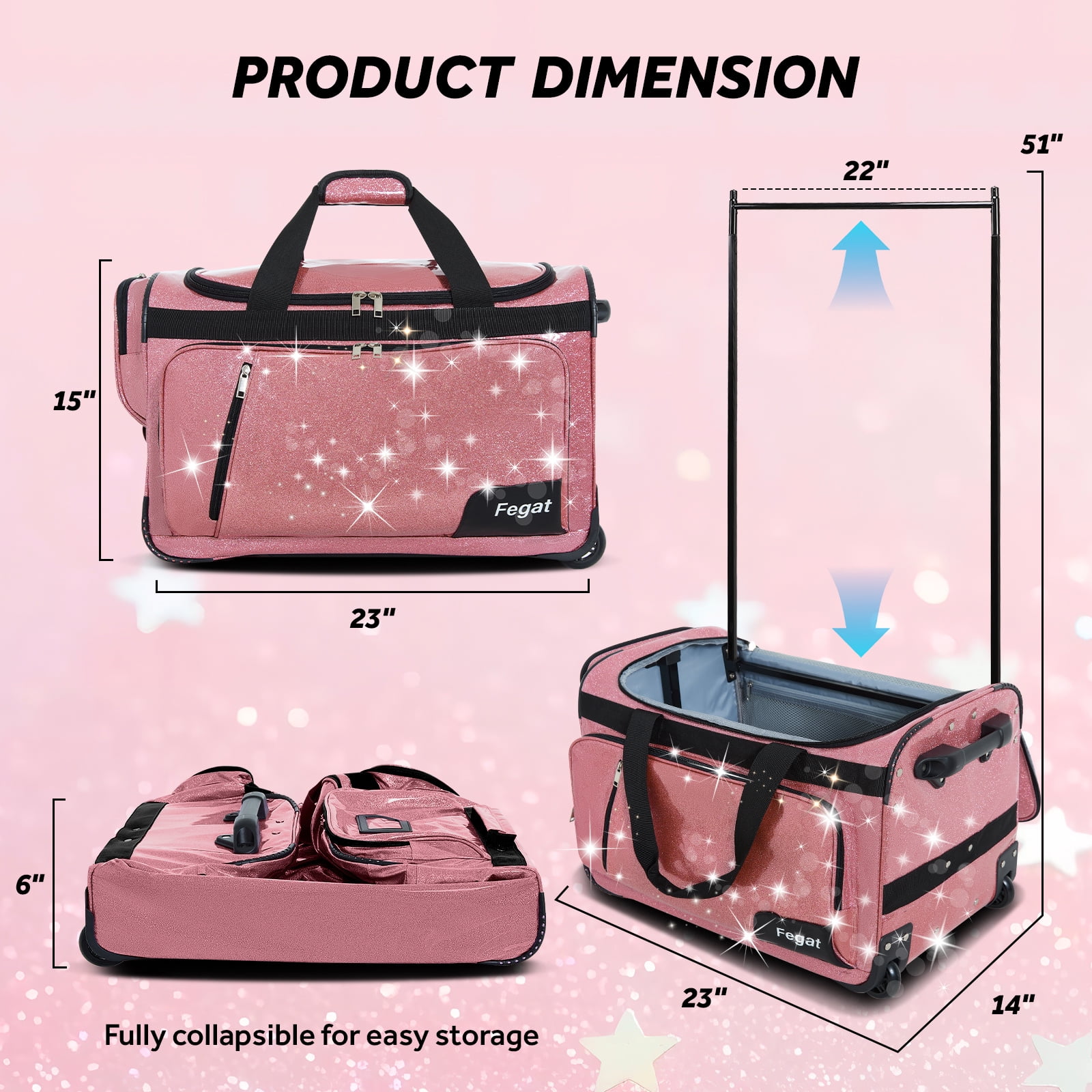 Fegat Dance Bag with Garment Rack-23"Glittering Rolling Competition Dance Travel Duffel Bag Lightweight Dance Bags for Cheerleader Dancers Athletes
