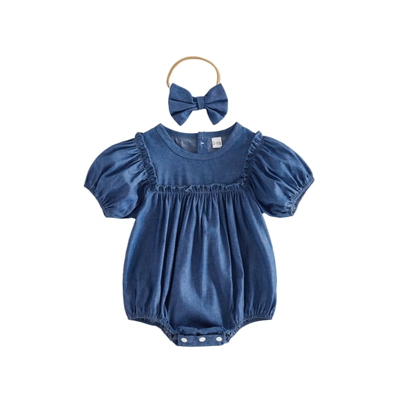 BemeyourBBs Newborn Baby Girls Summer Clothes Cute Western Cowgirl Outfits Infant Girl Denim Bubble Romper Puff Short Sleeve Round Neck Jeans Bodysuit and Headband Set