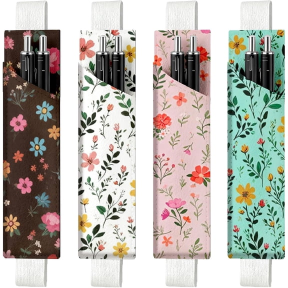 4Pcs 4 Styles Elastic Pen Holder Green Leather Pencil Pouch for Notebook Colorful Wildflowers Print Adjustable Band Leather Pen Case