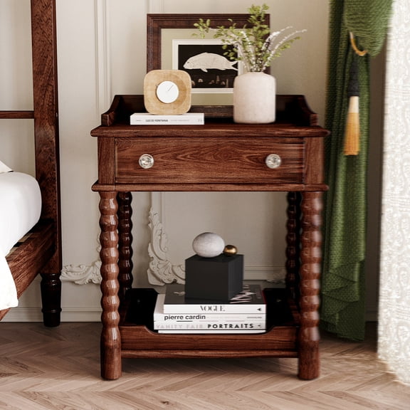 Retro Style Nightstand with Drawer and Open Shelf for Bedroom, Bedside Table with Turned Legs and Metal Handle,Walnut