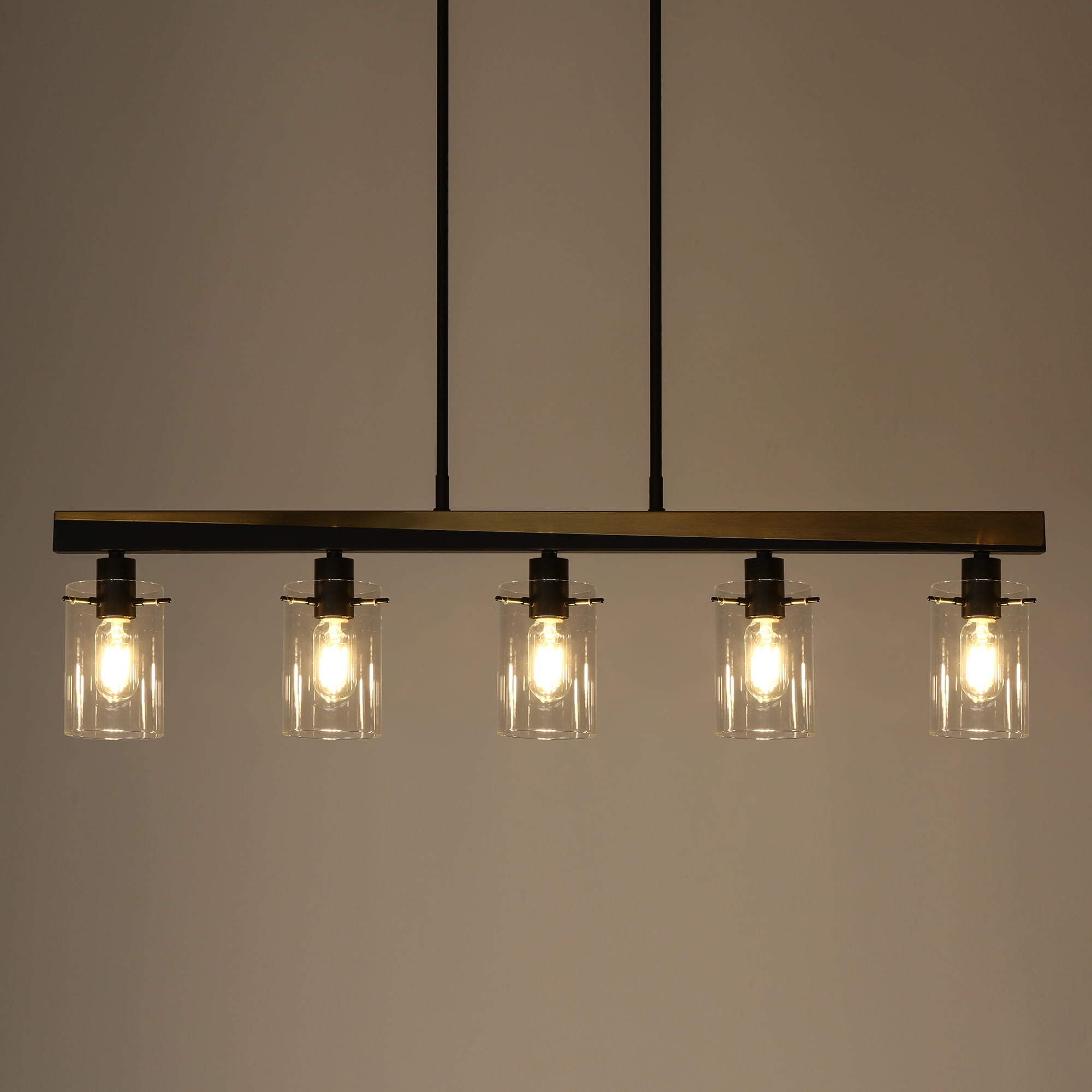 LNC 5-Light Black and Gold Large Linear Pendant with Clear Glass for Kitchen Island