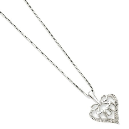 925 Rhodium Flashed Silver White Diamond Mom Bow Heart Pendant Necklace