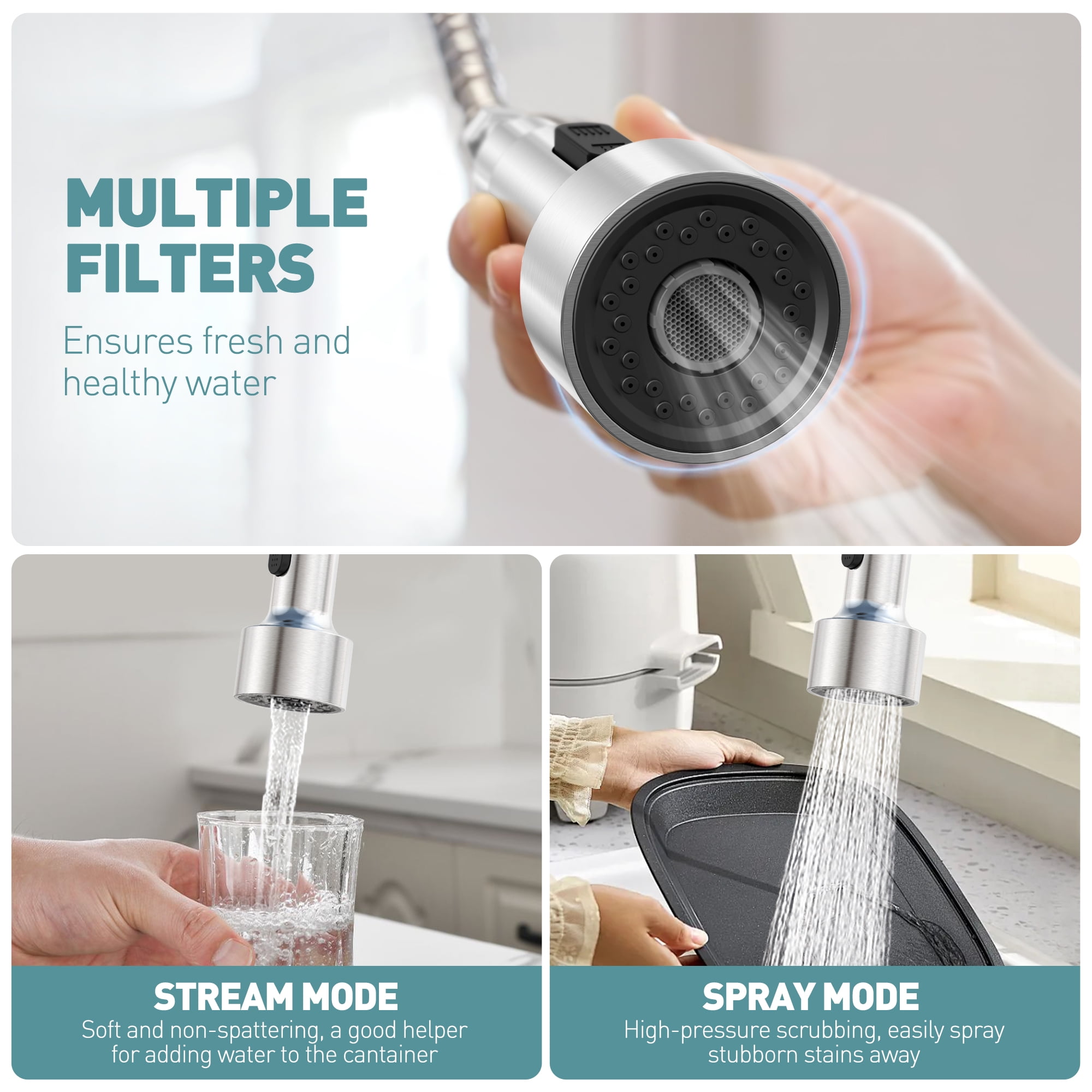 GPED Kitchen Faucet, Kitchen Sink Faucet with Soap Dispenser & Pull Down Sprayer, SUS304 Stainless Steel, Commercial Single Handle Kitchen Faucet with Deck Plate for Laundry Utility Rv,Brushed Nickel