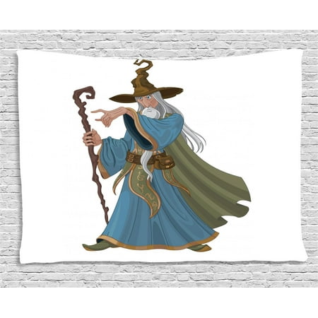 - Wizard Tapestry, Fantasy Style Powerful Sorcerer with Staff Medieval and Mythical Cartoon Character, Wall Hanging for Bedroom Living Room Dorm Decor, 80W X 60L Inches, Multicolor, by Ambesonne