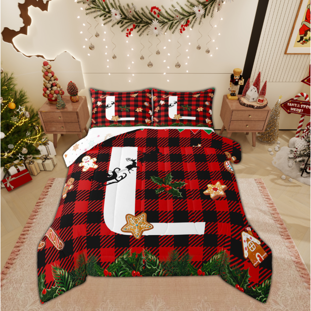 Manfei Merry Christmas Bedding Comforter Set for Teens, Monogrammed L Twin Comforter Sets, Initial Letter Reversible Bedding Set, Luxury Bedroom Decor, 2 Pieces