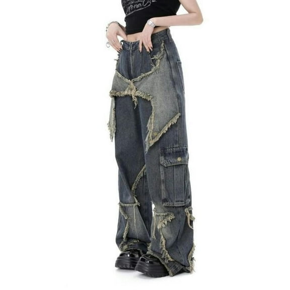 Vintage Baggy Jeans for Women High Waist Streetwear Ripped Wide Leg Pants Star Tassel Frayed American Style Casual Tassel Straight Denim Pants