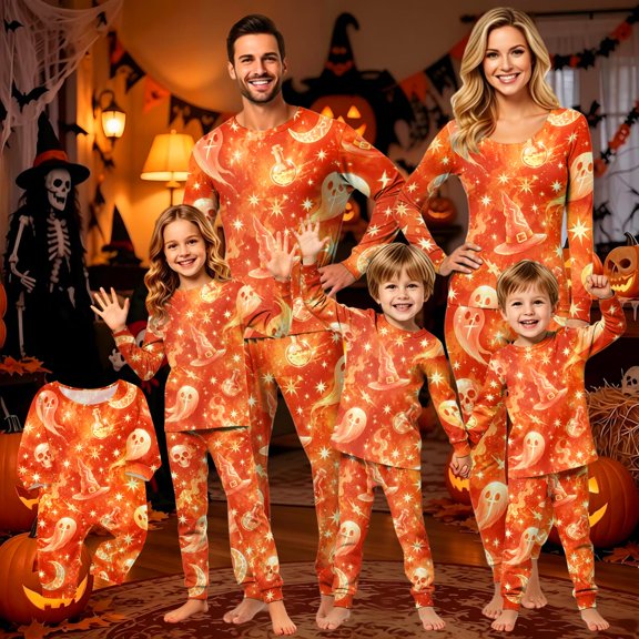 Halloween Family Matching Pajamas Sets, Halloween Ghost Family Loungewear Spooky Sleepwear Indoor, Home Relaxing Casual Daily Wear Pjs for Seasonal Halloween Holiday Party for Family