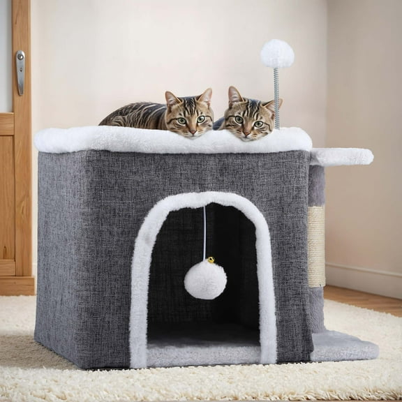 ModFusion Grey Cat House with Hanging Fluffy Ball and Sisal Scratching Post, Covered Cat Cave Bed