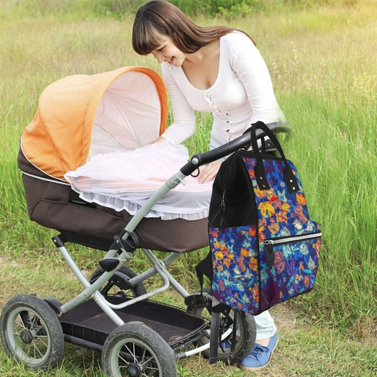 Ratiio Colorful Fall Leaves Mummy Backpack - Waterproof Twill Canvas, Large Capacity Diaper Bag with Multiple Pockets and Adjustable Straps