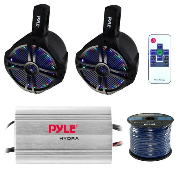 Marine Speaker And Amp Combo: Pyle PLMRMP3A 4 Channel 1200 Watt Waterproof MP3 Power Amplifier Bundle With 2x 8" 260W Wakeboard Waterproof LED Light Tower Speakers   Enrock 50Ft 16g Speaker Wire