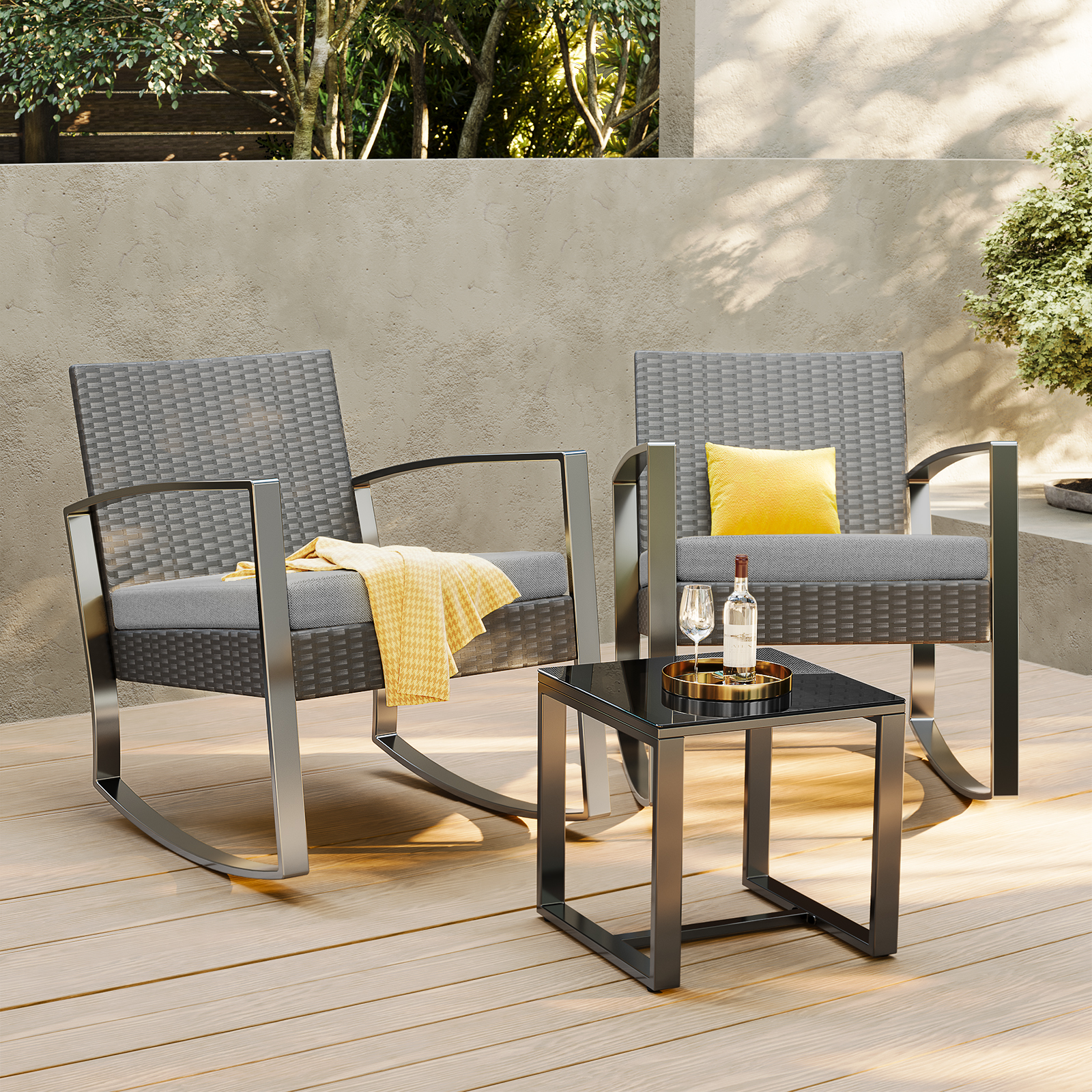Lofka 3-Piece Patio Furniture Set, Outdoor Rocking Chairs with Thickened Cushions and Coffee Table for Garden, Balcony, Camping, Gray