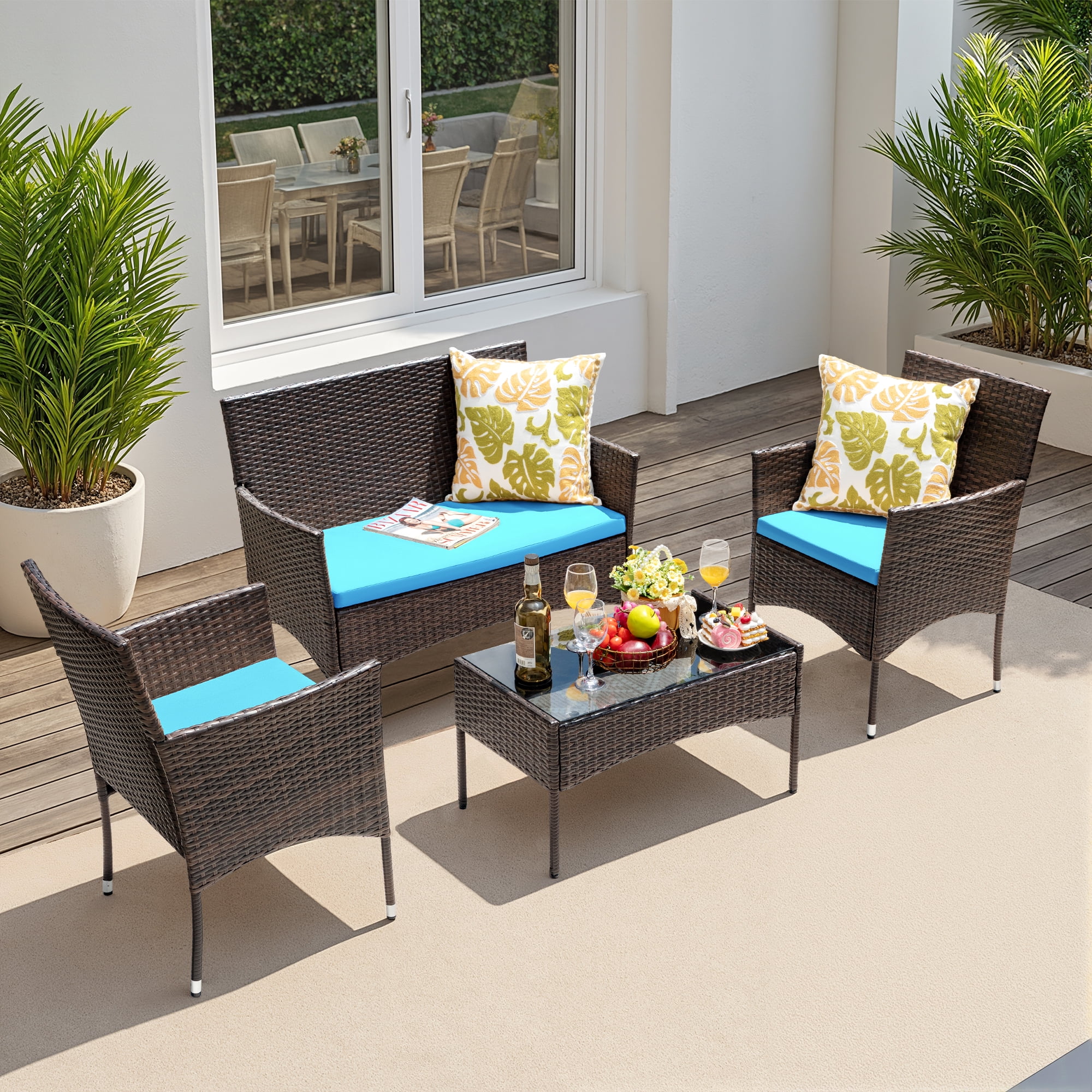 Lacoo 4 Piece Outdoor Patio Furniture PE Rattan Wicker Table and Chairs Set with Cushions, Blue