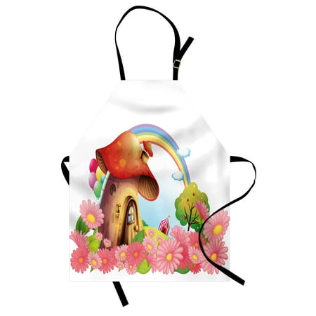 Mushroom Apron Little Shroom House in Garden of Flowers Rainbow Fruit Trees Circus Tent Balloons, Unisex Kitchen Bib Apron with Adjustable Neck for Cooking Baking Gardening, Multicolor, by