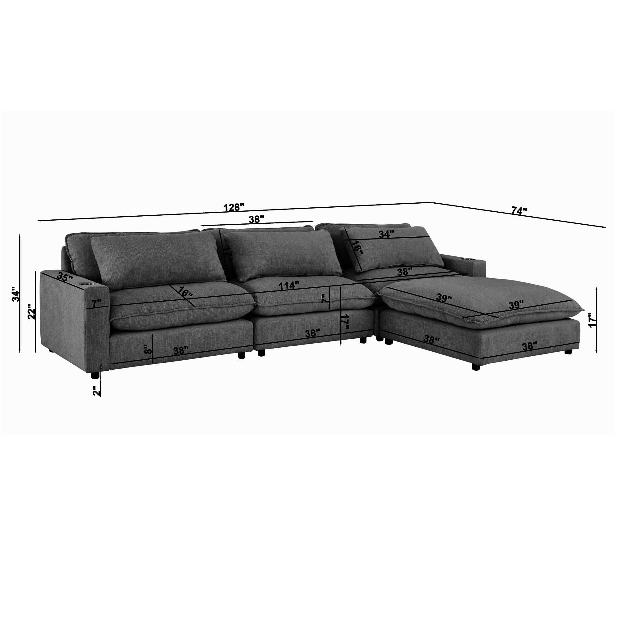 Aukfa 128" Modular Sectional Sofa with Cup Holders, Chenille L Shaped Couch with Convertible Chaise, Dark Gray