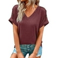 thumbnail image 3 of Women's Solid V Neck Buttoned Casual Short Sleeve T Shirt Top Fashion Front Medium Sleeve Womens Short Sleeved Athletic Tops Womens Top Extra Long Womens Foil Top Shirts Women Casual Womens Neck Long, 3 of 7
