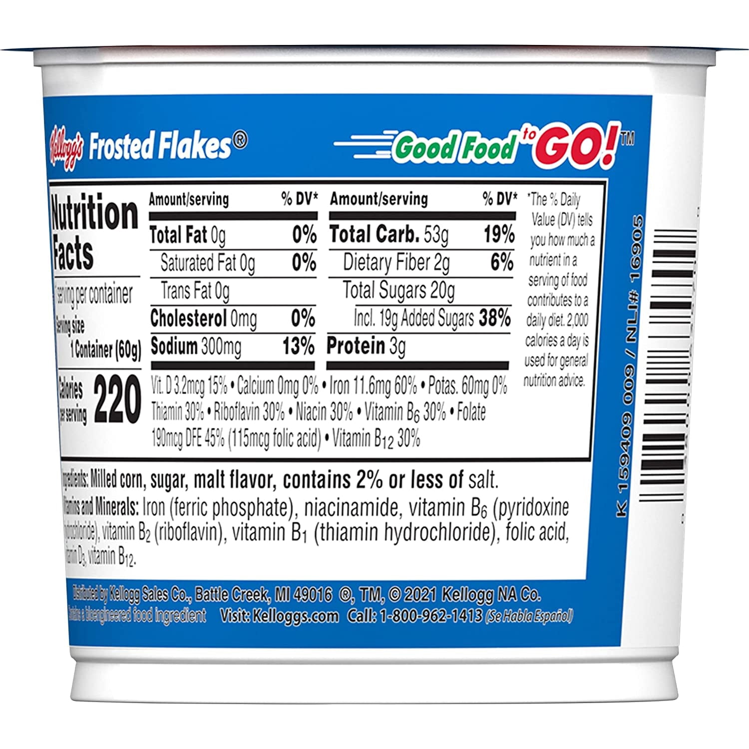 Frosted Flakes Cold Breakfast Cereal Cups, Good Source of 8 Vitamins and Minerals, Original, 7.87lb Case (60 Cups)