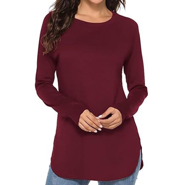 AherBiu Hauts à Manches Longues pour Femmes, Tuniques Amples Fendues à Porter avec des Leggings, T-Shirt à Col Rond, Blouse