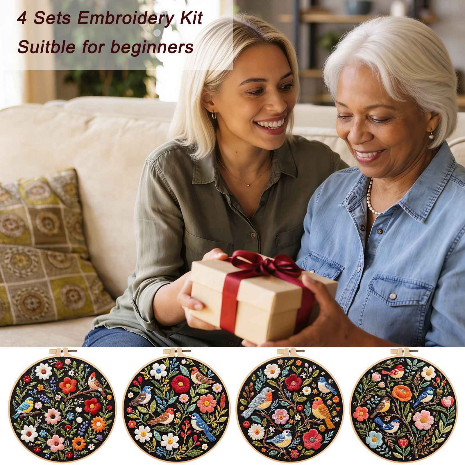 4PCS Embroidery Kit for Beginners, Birds with Flowers Cross Stitch Set for Include Embroidery Cloth Hoops Threads for Craft Lover Hand Stitch