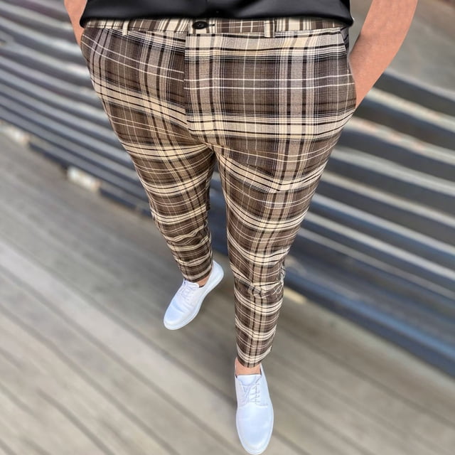 Pantalones largos de moda para hombre, informales, con estampado a cuadros, botones y cremallera, de poliéster