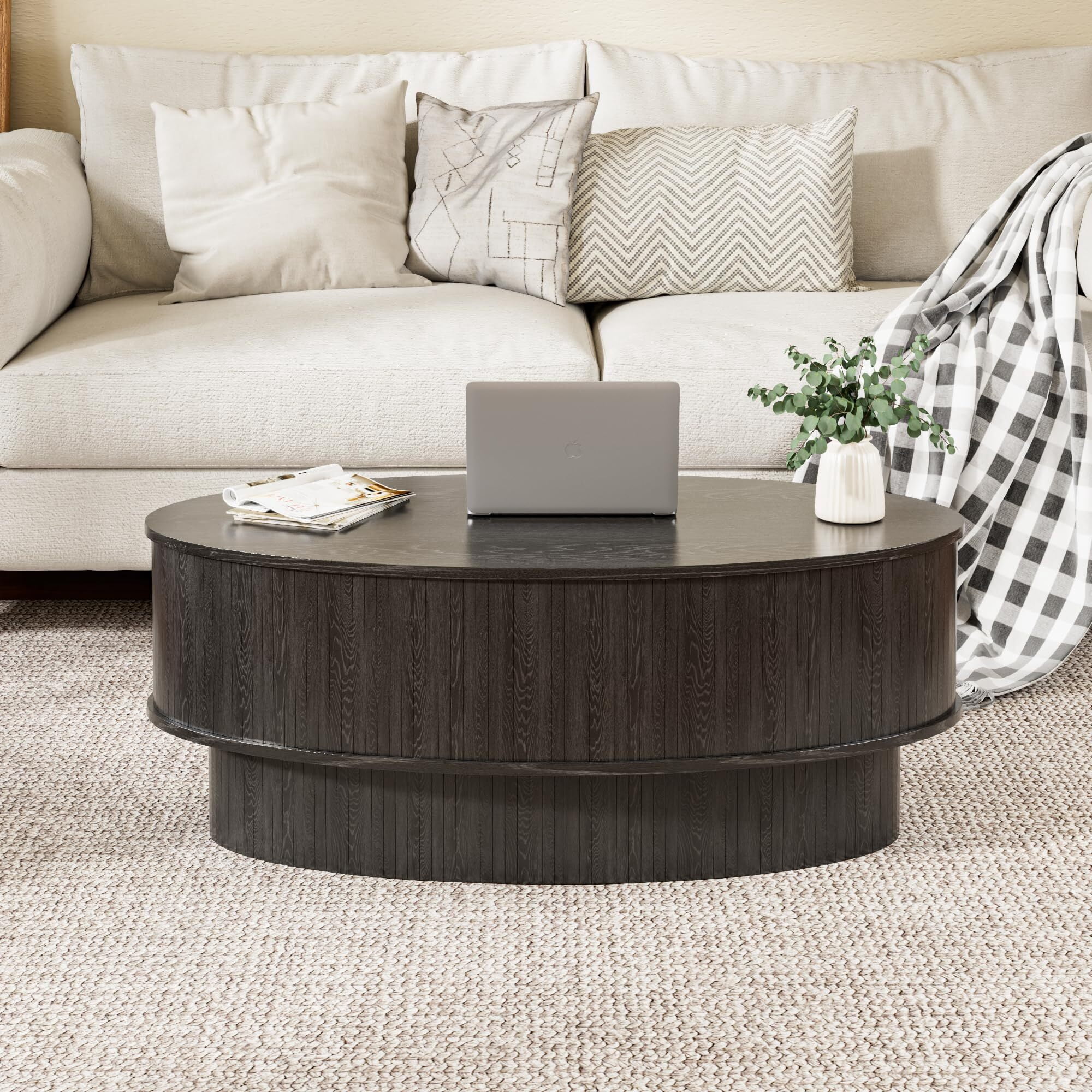 JEJEGORICH Oval Lift Top Coffee Table with Hidden Storage, 41 in Wooden Mid Century Modern Living Room Center Table, Black